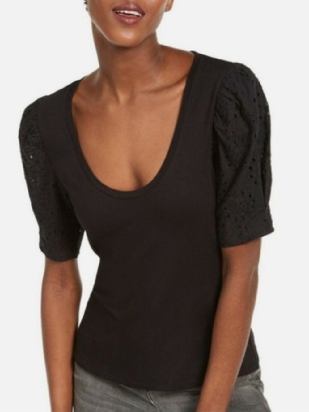 Boston Proper Eyelet Puff Sleeve Black Scoop Neck Tee